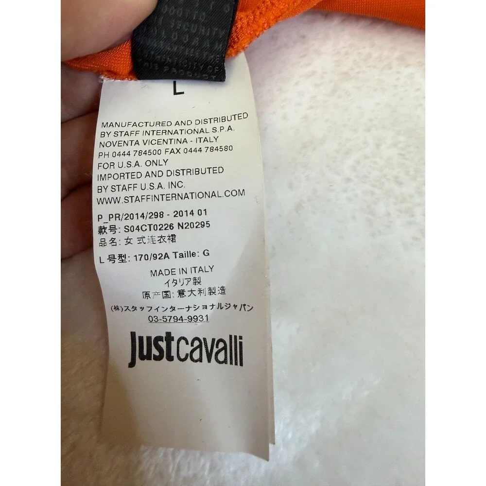 Just Cavalli Orange Bodycon Midi Dress L Sleeveless Plunge Neck Italy Stretch